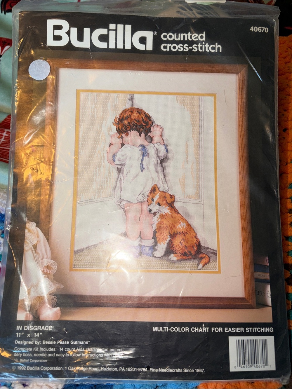 Bucilla Cross-Stitch Kit — Child in White with Brown/Orange Dog